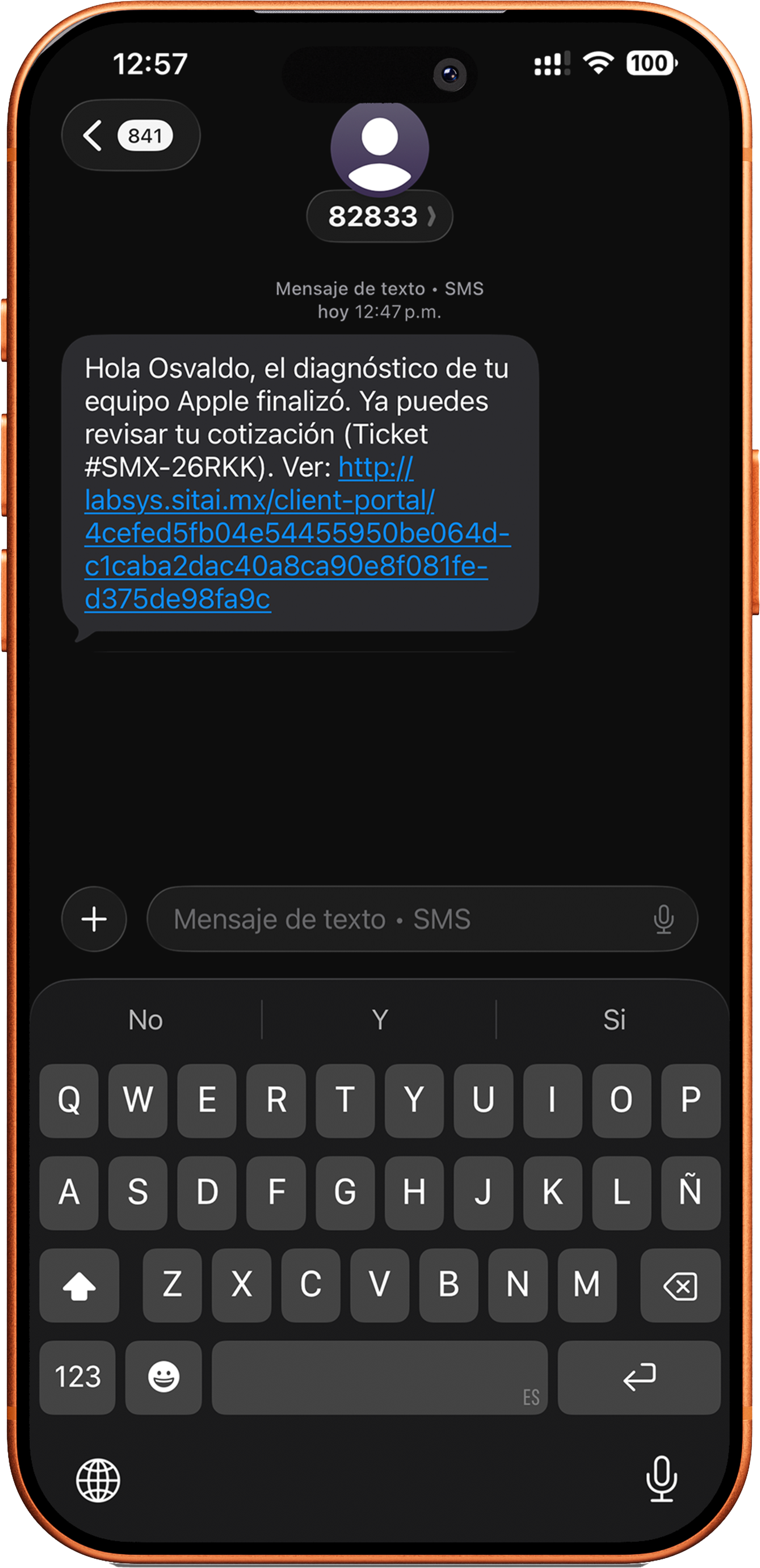 iPhone mostrando notificación SMS